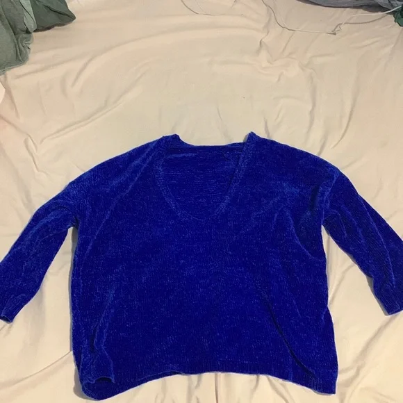 Express Cobalt Blue Chenille 3/4 Sleeve Cropped Loose Fit Sweater US Small - Picture 11 of 13